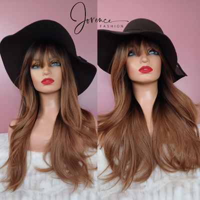 Nicola - Long Natural Wavy Black Brown Ombre Wig with Bangs