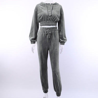 2  Piece  Fleece Crop Top Hoodies with Sweat Pants